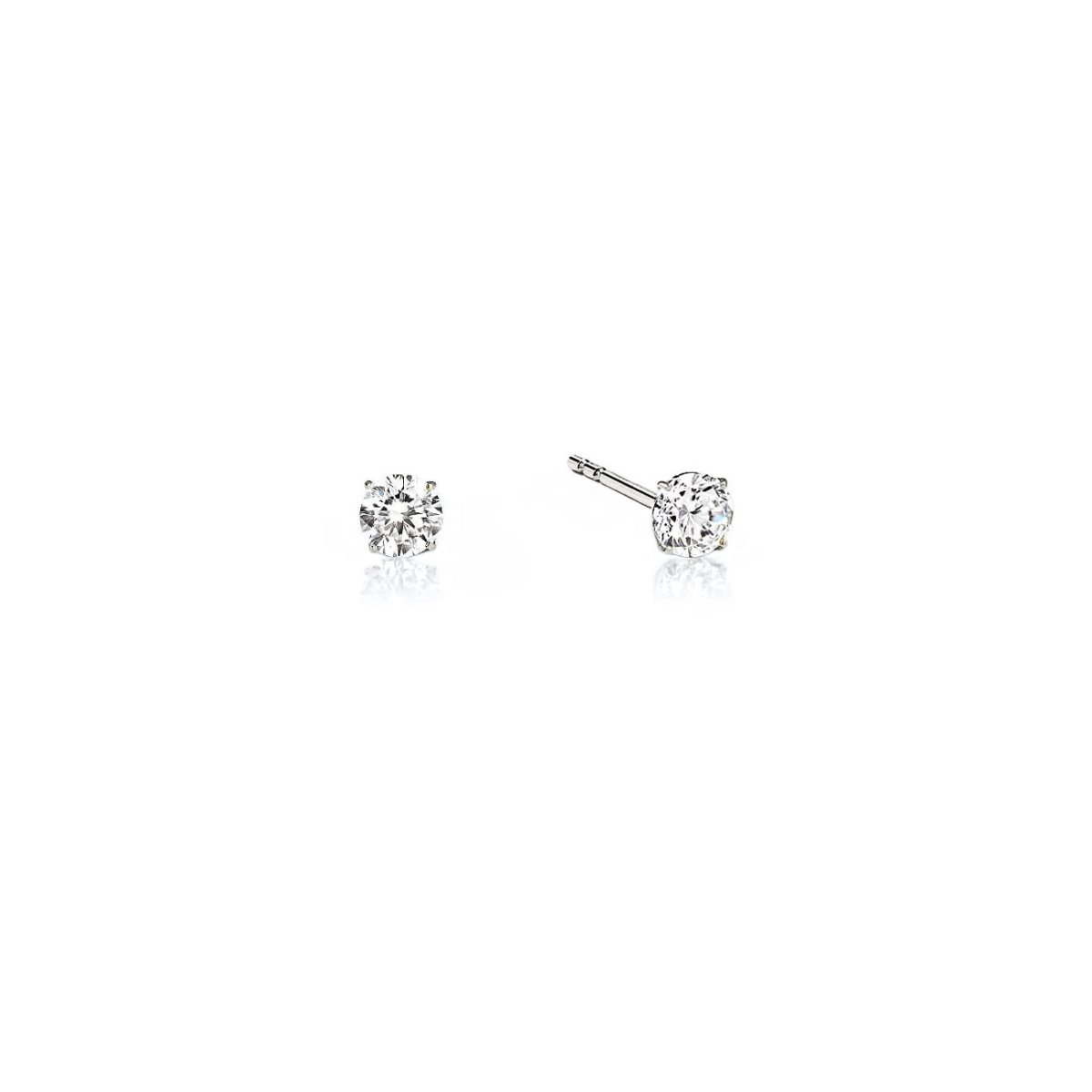 Pair of 14K white gold four-prong diamond stud earrings with round clear stones, on a white background