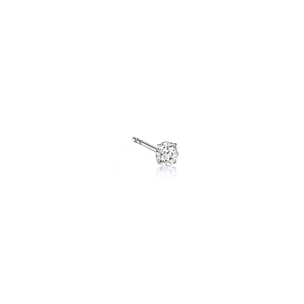 14K white gold tiny diamond stud with a round prong-set stone, on a white background