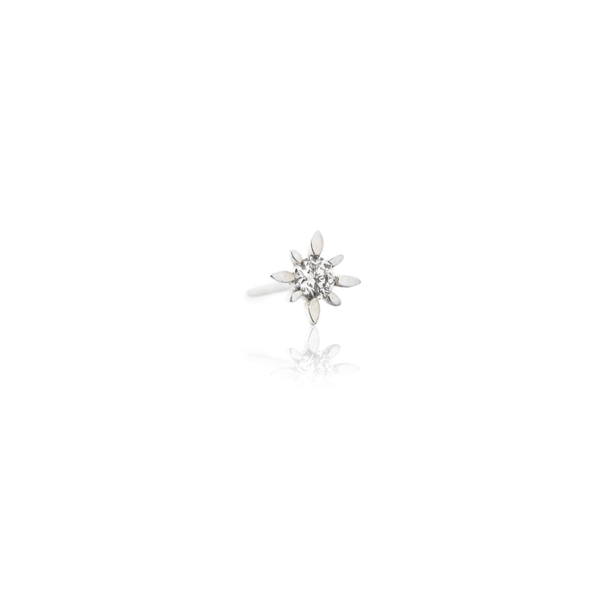 Single 14K white gold starburst stud with a clear zirconia center, on a white background
