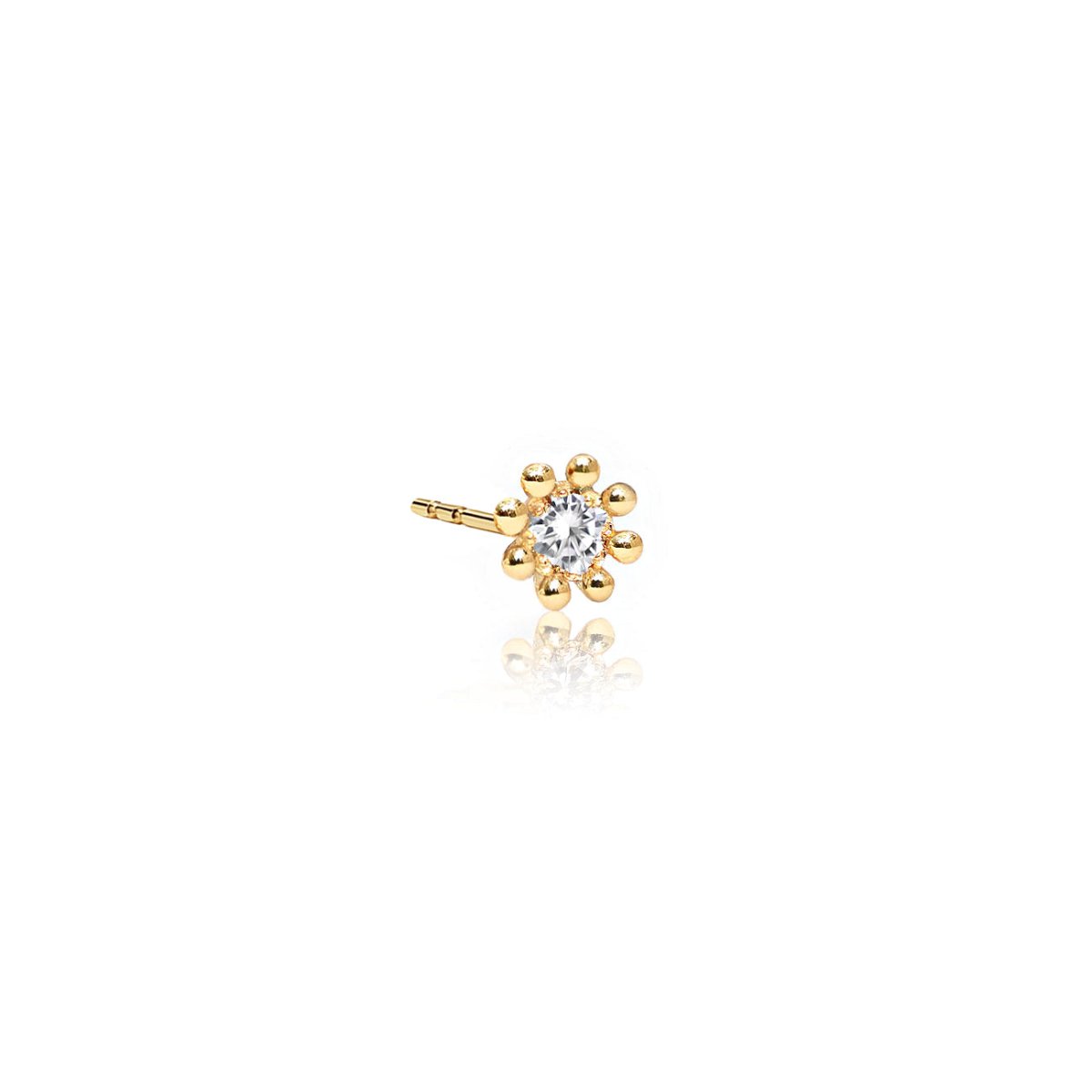 14K gold beaded fleur stud with a round diamond center, shown on a white background