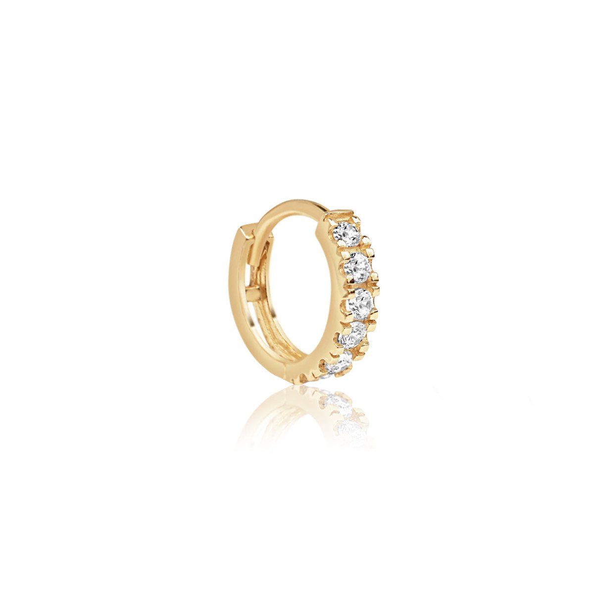 Single 14K gold diamond pave huggie hoop, side view on a white background