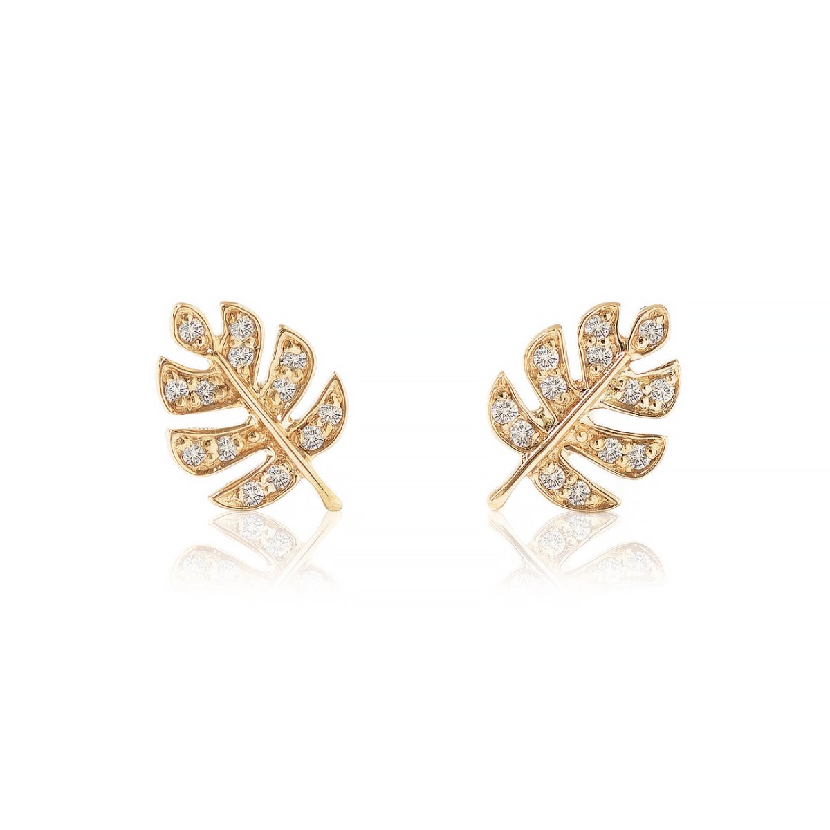 Pair of gold diamond monstera leaf studs, on a white background