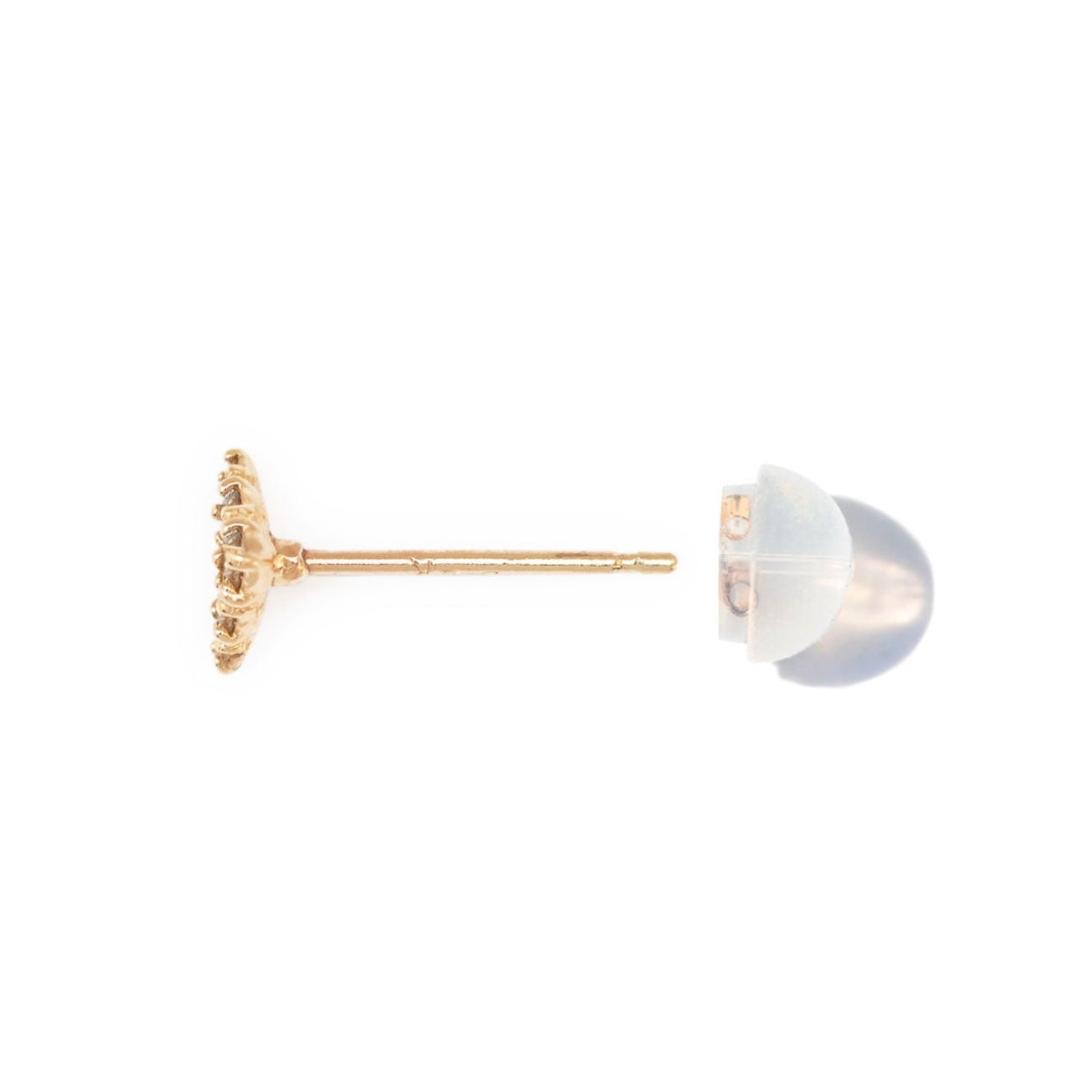 14K gold V-shaped chevron diamond stud with clear stones, side view showing the post and back