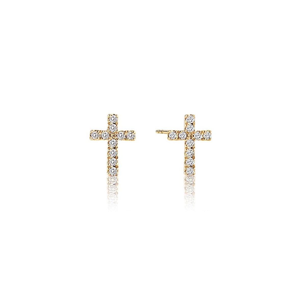 Pair of 14K gold pave diamond cross studs, on a white background
