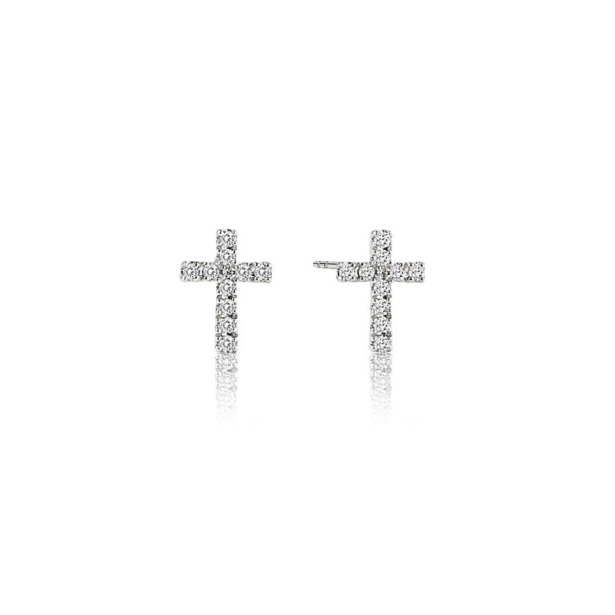 Pair of 14K white gold pave diamond cross studs, on a white background