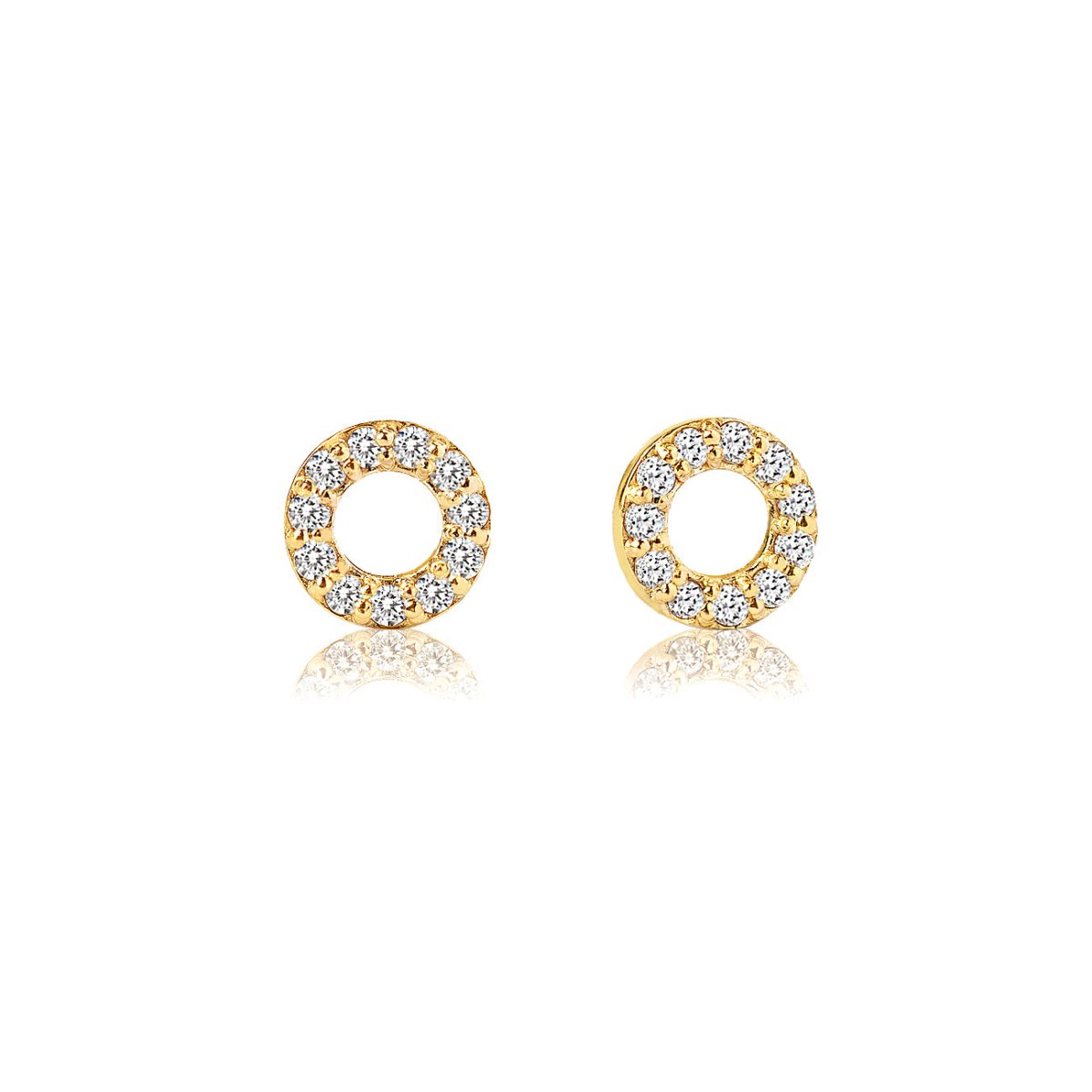 14K gold diamond circle studs with pavé round diamonds in an open circle, on a white background