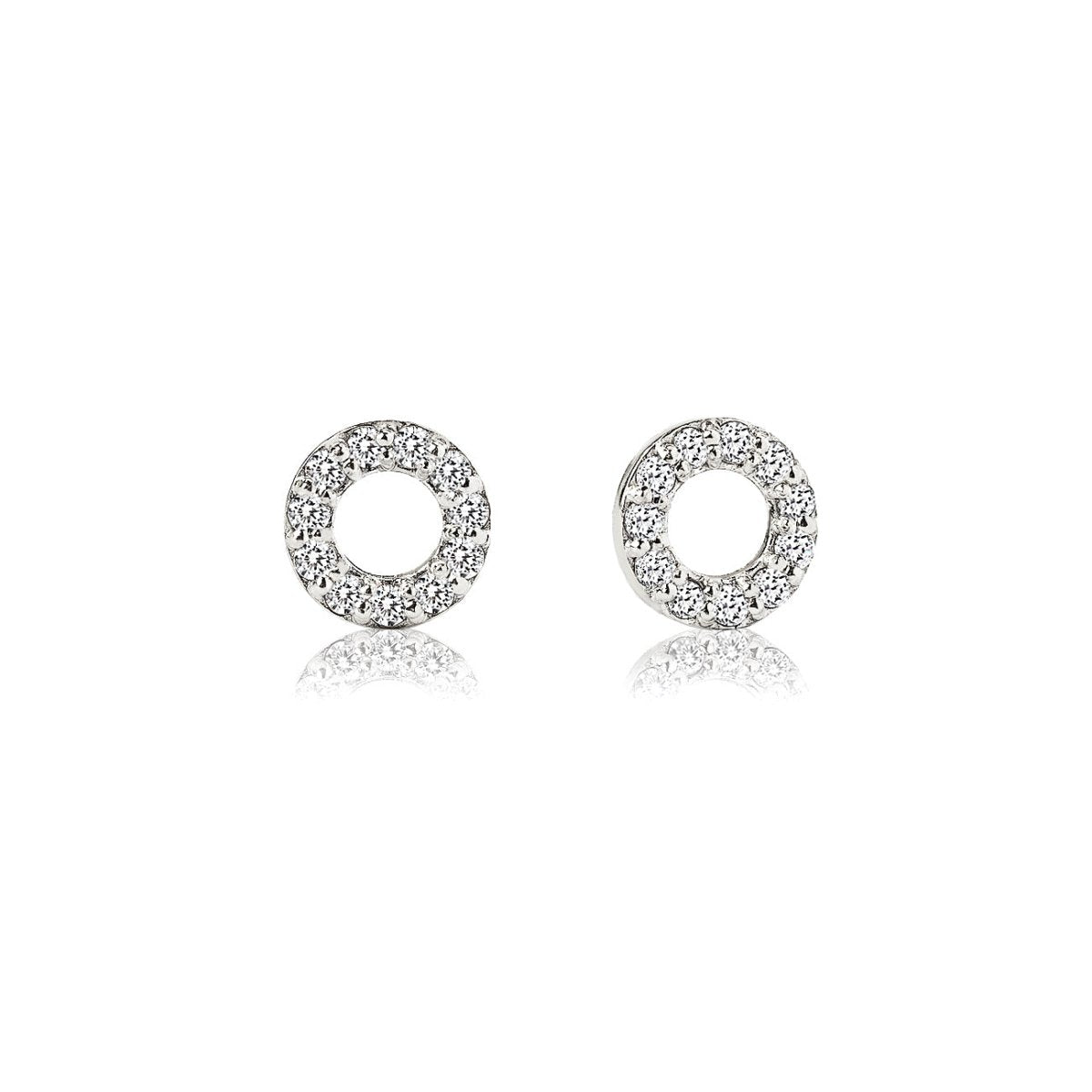 14K white gold diamond circle studs with pavé round diamonds in an open circle, on a white background