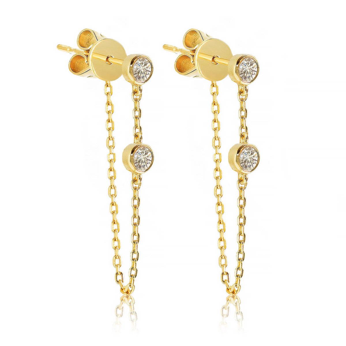 14K gold bezel chain drop earrings with two round natural diamonds, on a white background