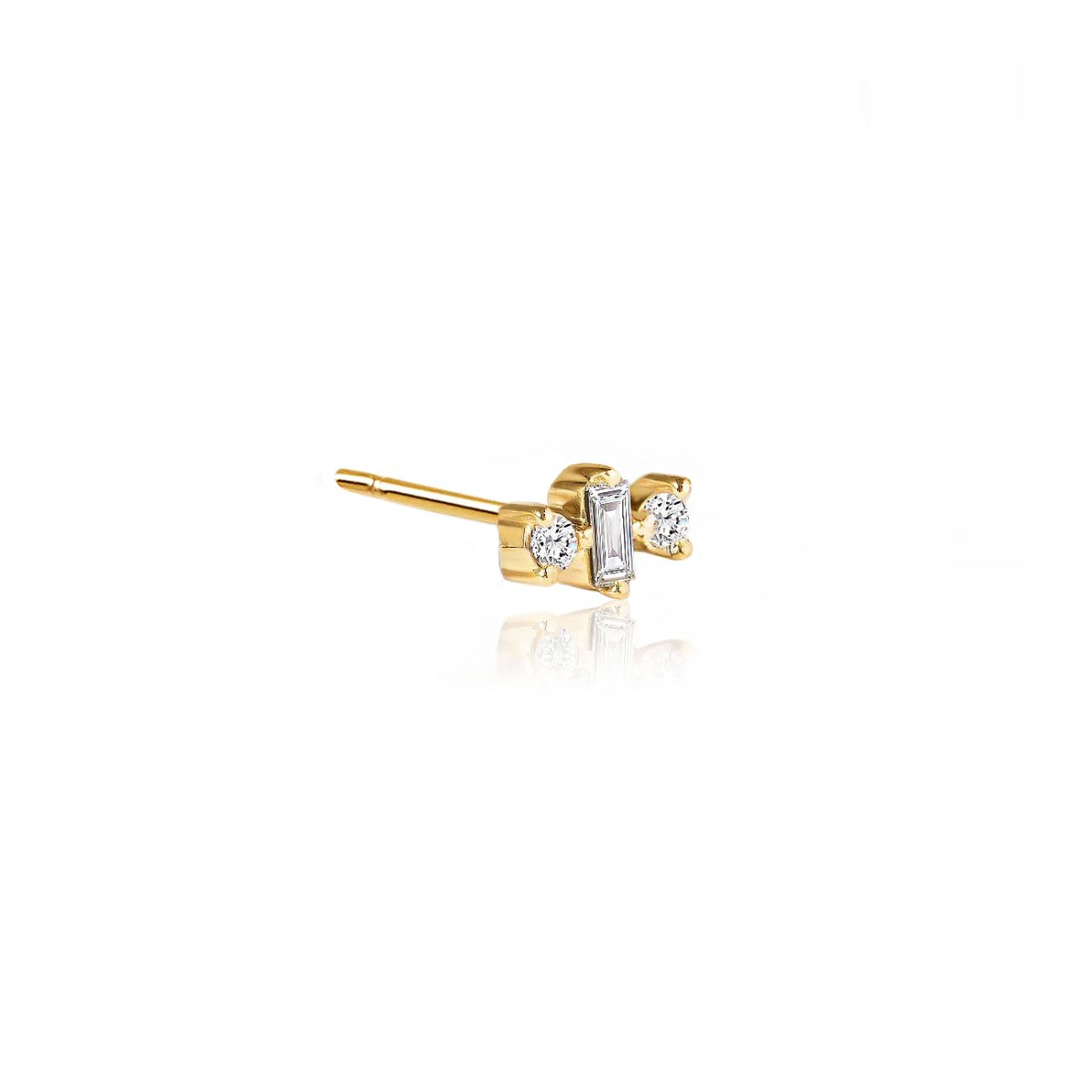 14K gold three-stone stud with a diamond baguette flanked by two round diamonds, on a white background