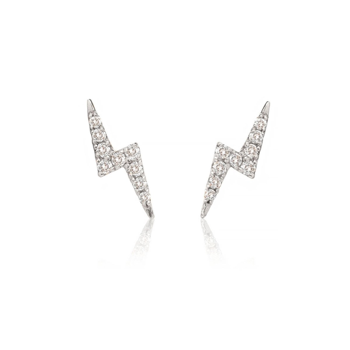 14K white gold lightning bolt pavé stud earrings set with clear crystals, on a white background