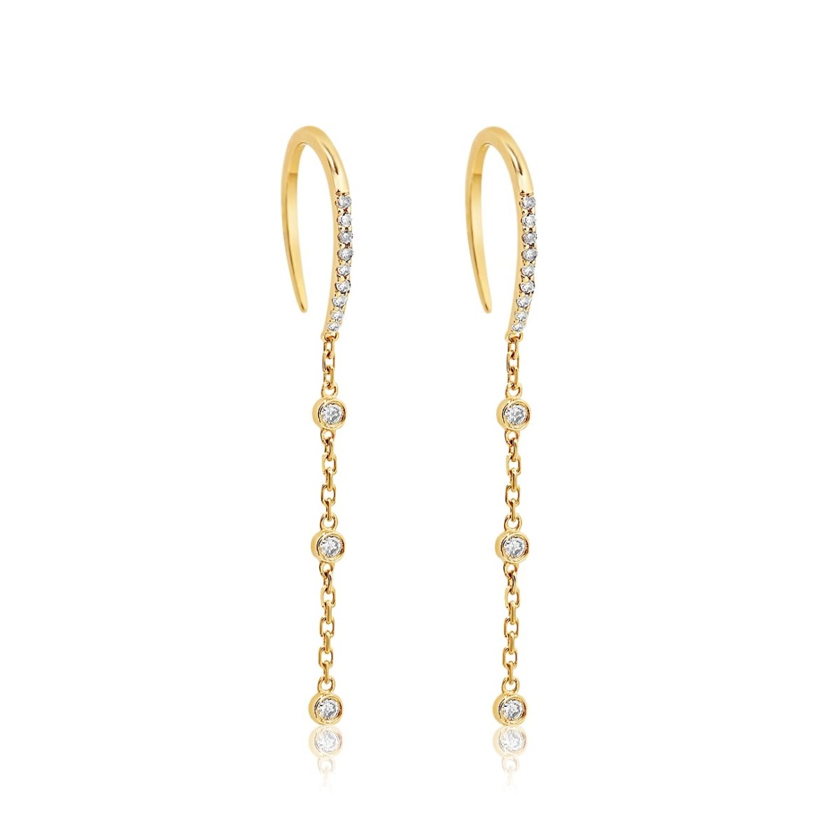 14K gold pavé diamond drop threader earrings with bezel-set diamonds on chain, on a white background