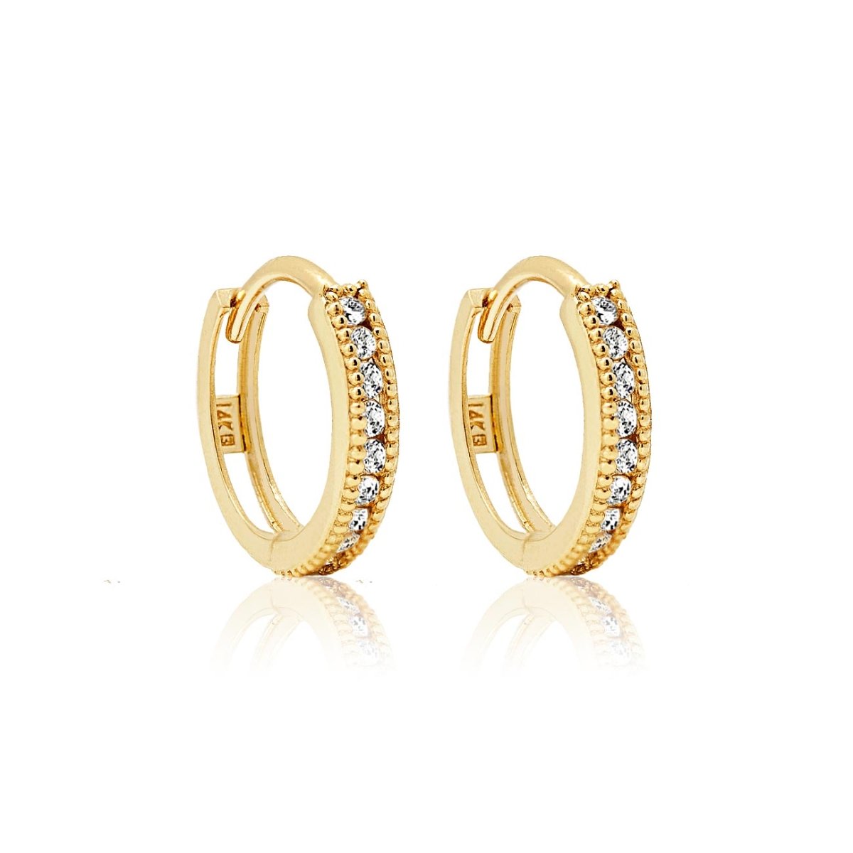 Pair of 14K gold milgrain huggie hoops paved with natural diamonds, on a white background