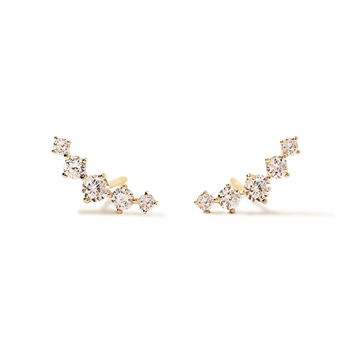 Pair of 14K gold curved climber studs set with five round diamonds, on a white background