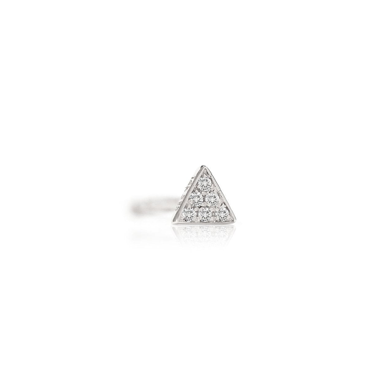 14K white gold triangle stud pavé-set with round diamonds, on a white background