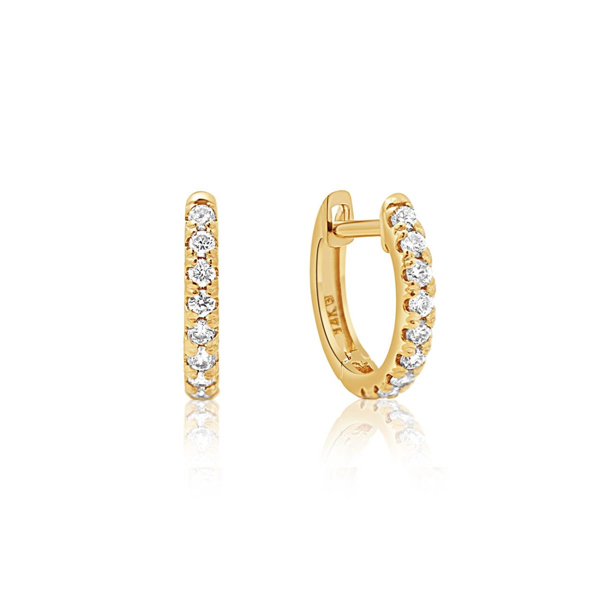 14K gold diamond pave huggie hoops, front and side view on a white background
