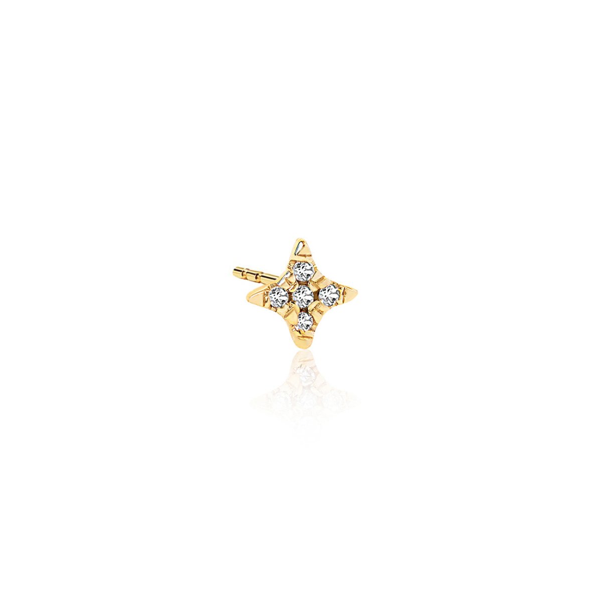 14K gold diamond four-point star stud earring, close-up detail on a white background