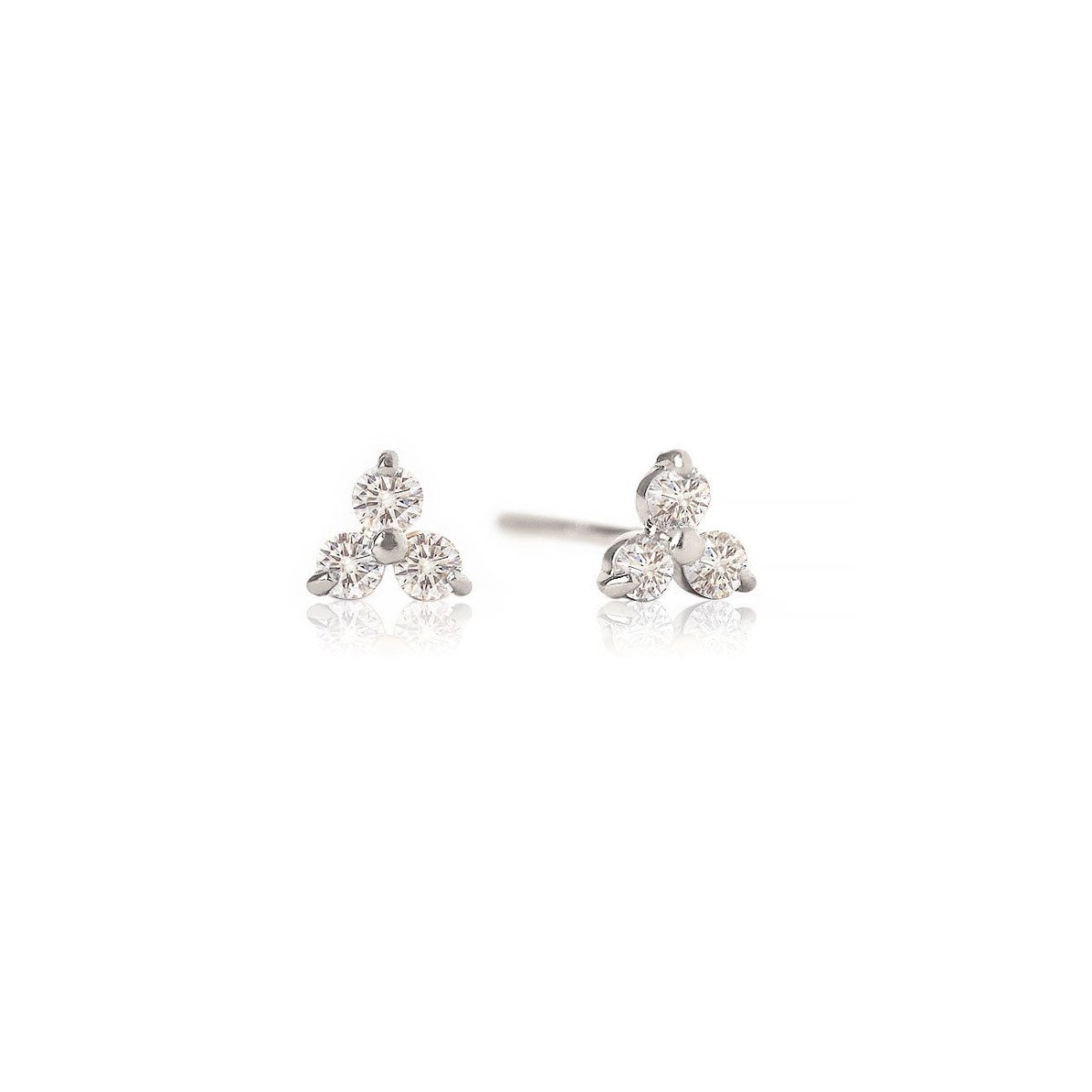 14K white gold diamond clover studs, each with three round diamonds in a trefoil cluster, on a white background
