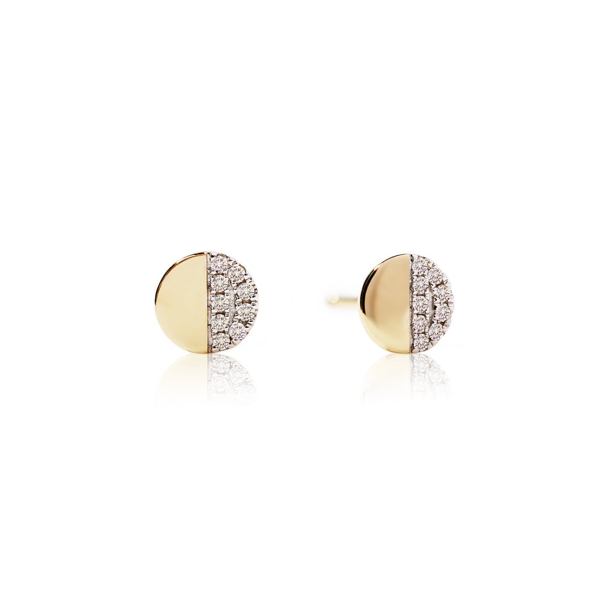 Pair of 14K gold half-disc stud earrings with pave clear stones, on a white background