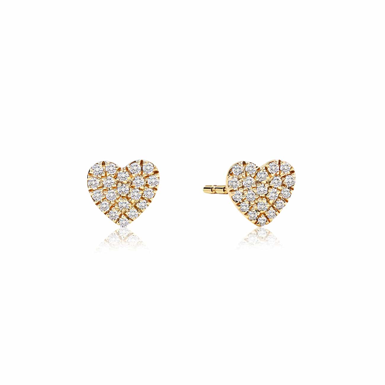 Pair of 14K gold pave diamond heart studs, front and side view, on a white background