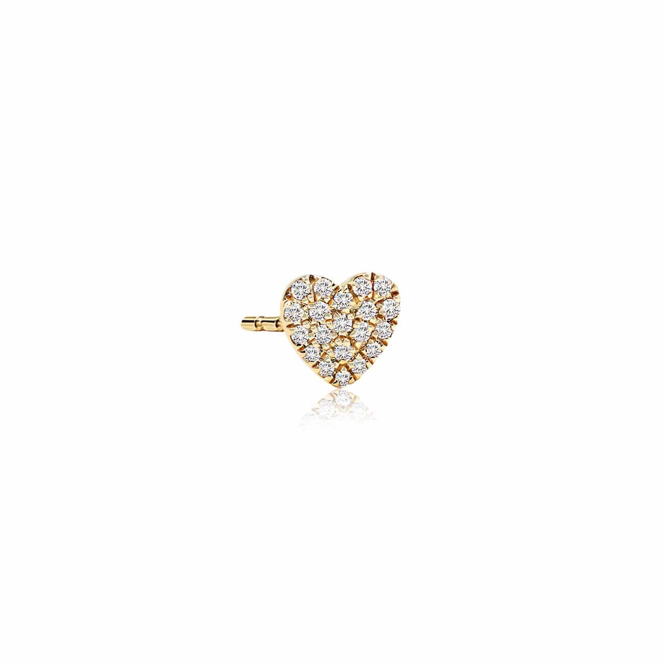 14K gold pave diamond heart stud, single earring, close-up on a white background