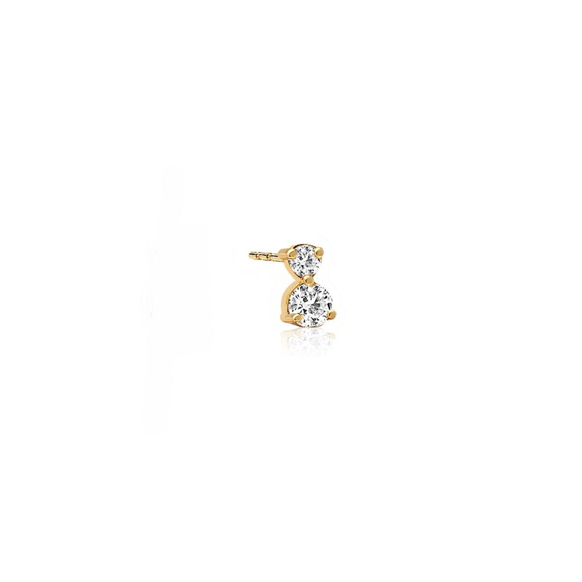 14K gold two-diamond single stud with two round prong-set stones, on a white background