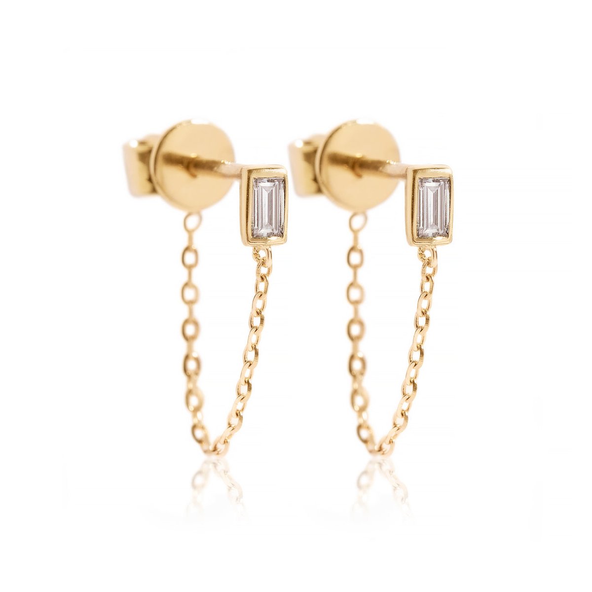 14K gold chain stud earrings with a baguette natural diamond and connecting drape chain, on a white background