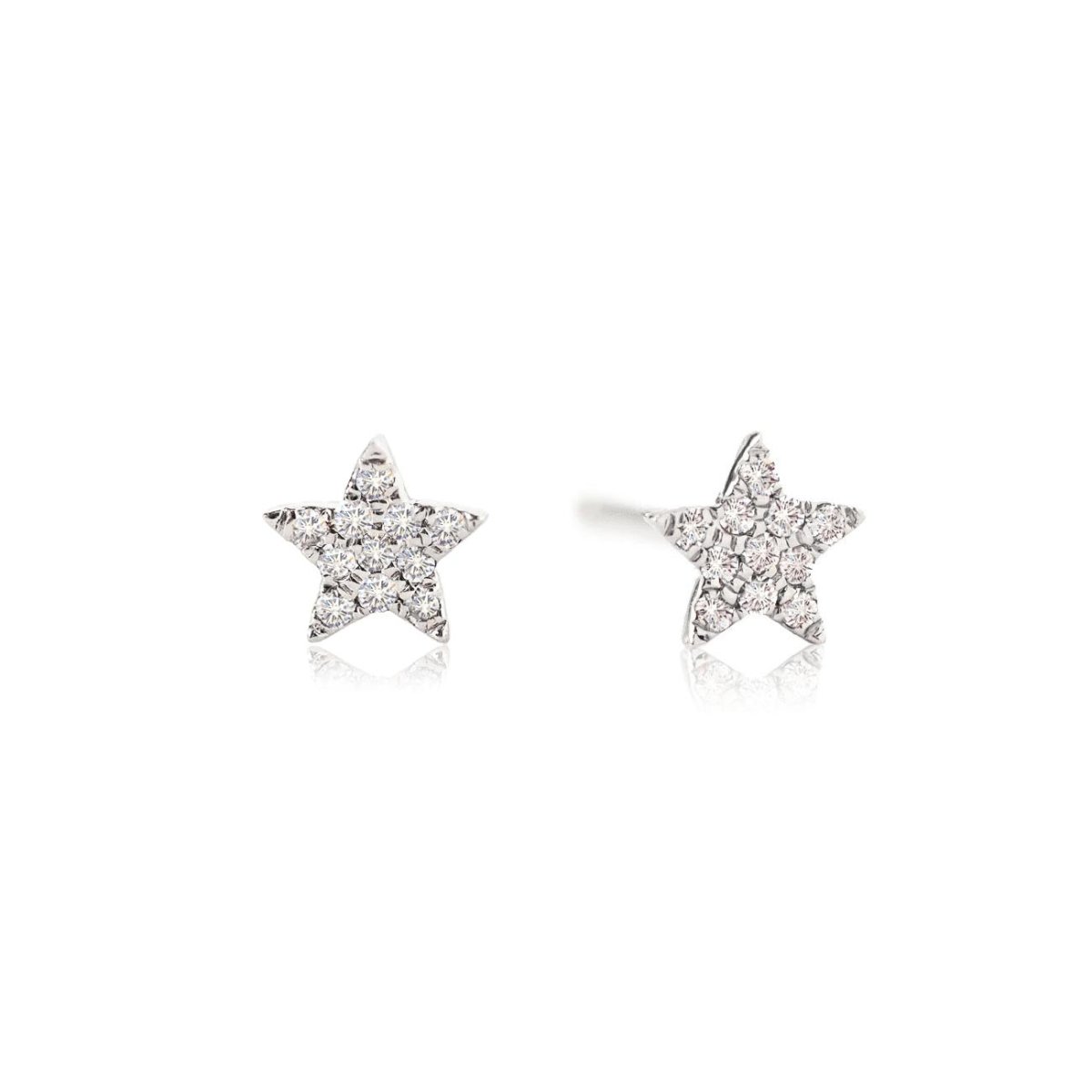 Pair of 14K white gold pave diamond star studs, front and side view, on a white background
