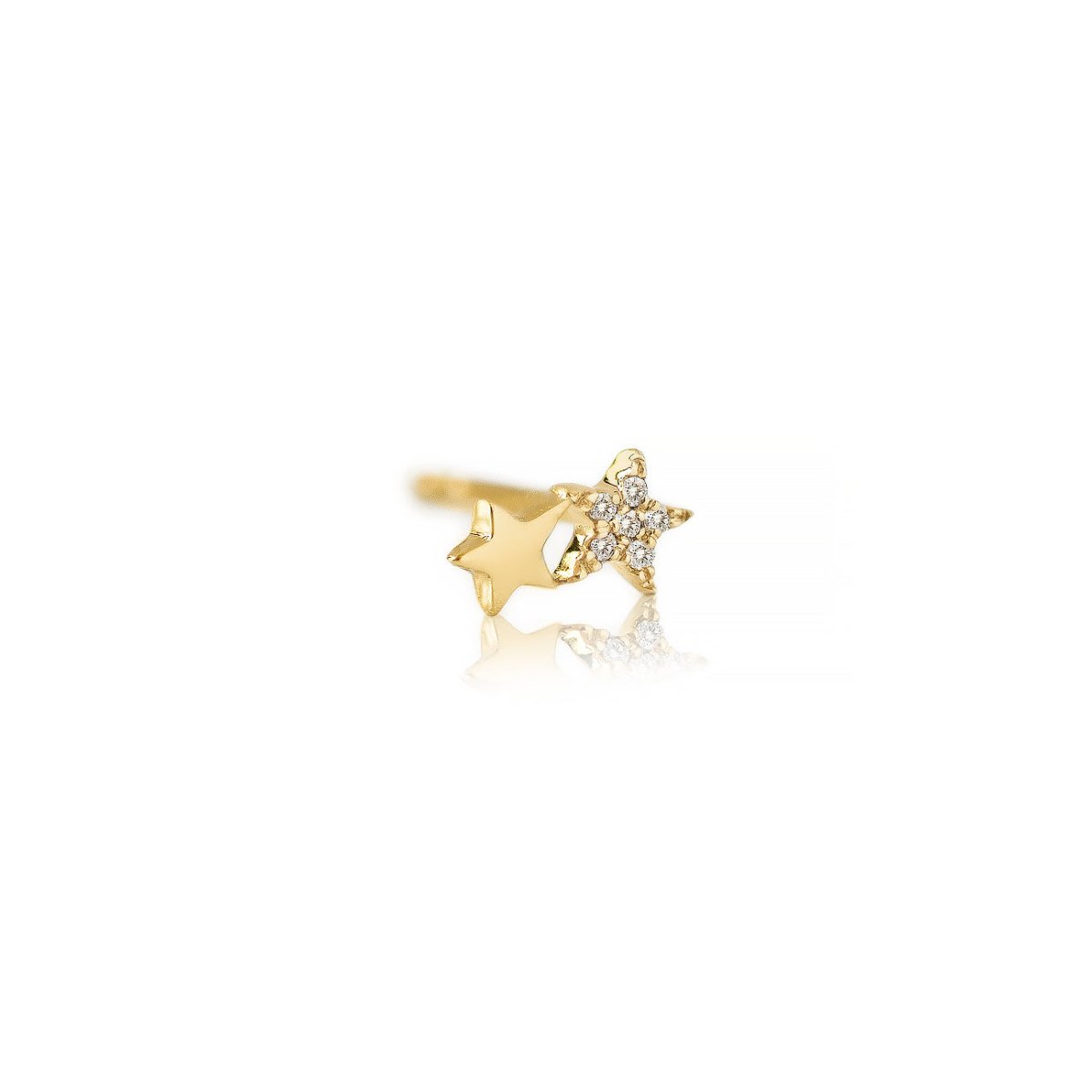 14K gold double star single earring, one plain star and one diamond pavé star, on a white background