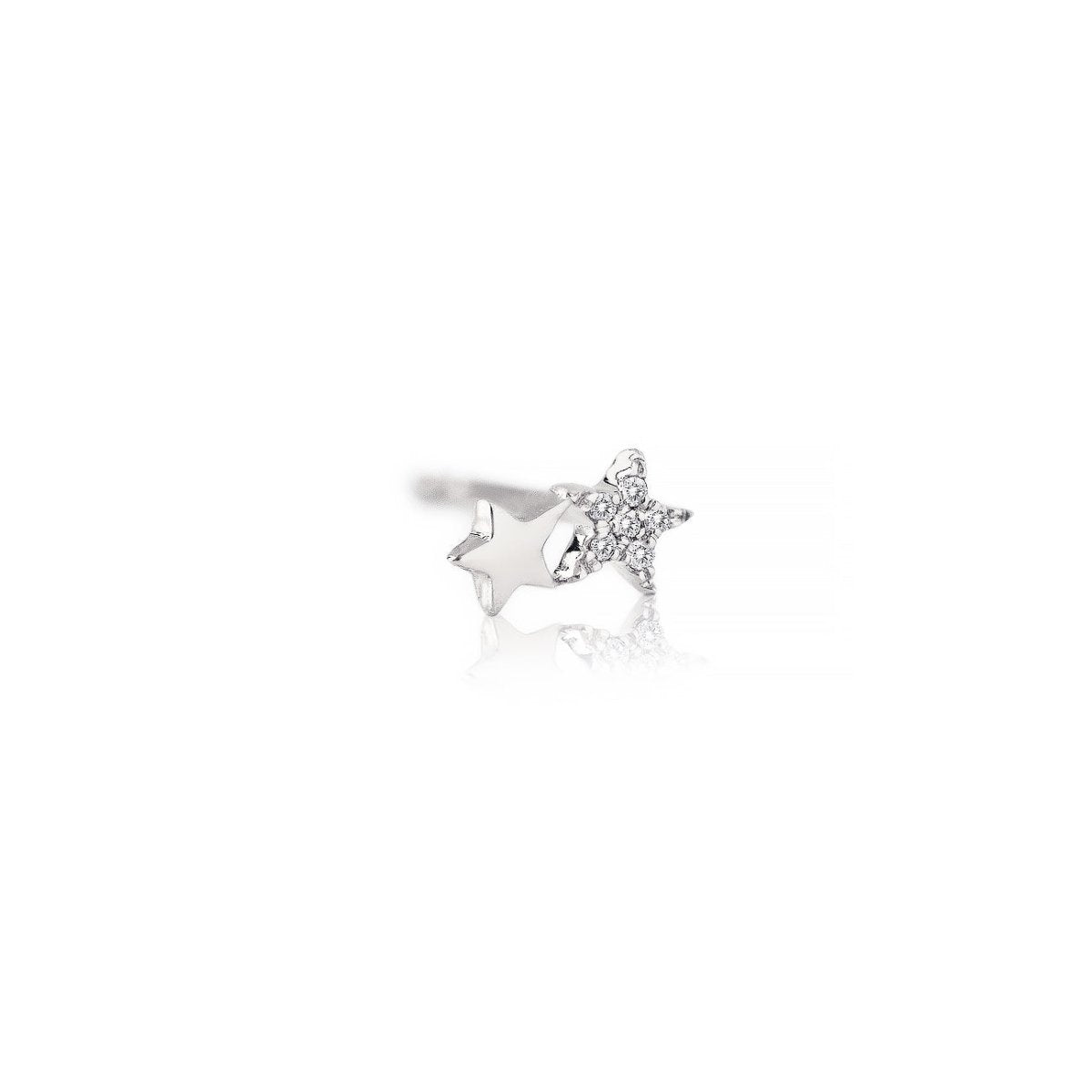 14K white gold star single earring with one plain star and one diamond pavé star, on a white background