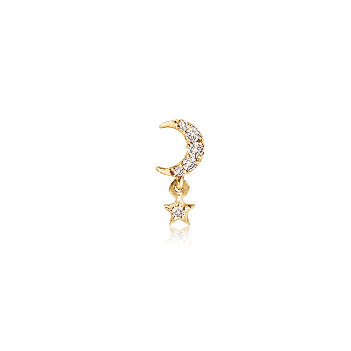 14K gold crescent moon stud pavé-set with natural diamonds and a dangling diamond star, on a white background