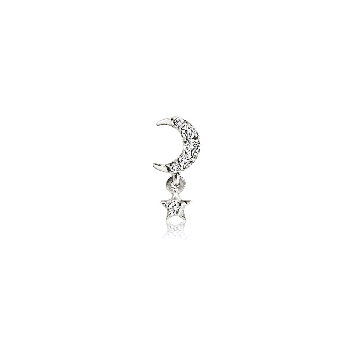 14K white gold crescent moon stud set with natural diamonds and a dangling diamond star, on a white background