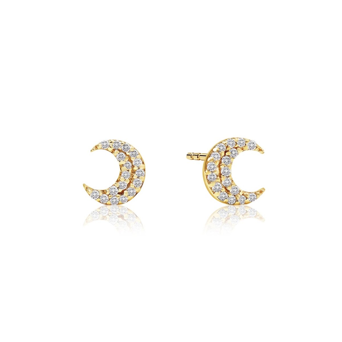 Pair of 14K gold crescent moon studs with pave diamonds, on a white background