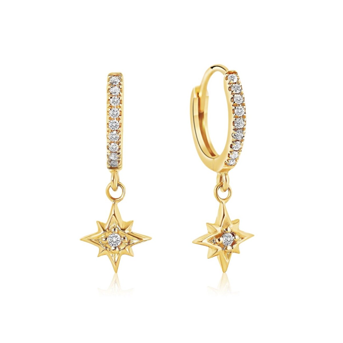 14K gold pavé huggie hoops with a dangling starburst charm set with diamonds, on a white background