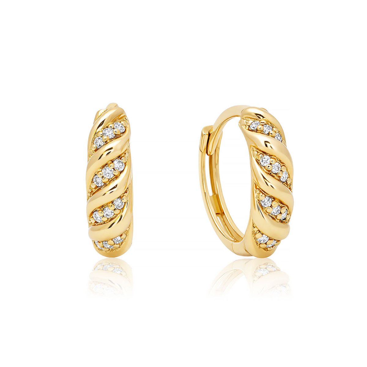 14K gold twisted croissant huggie hoops with pave diamonds, on a white background