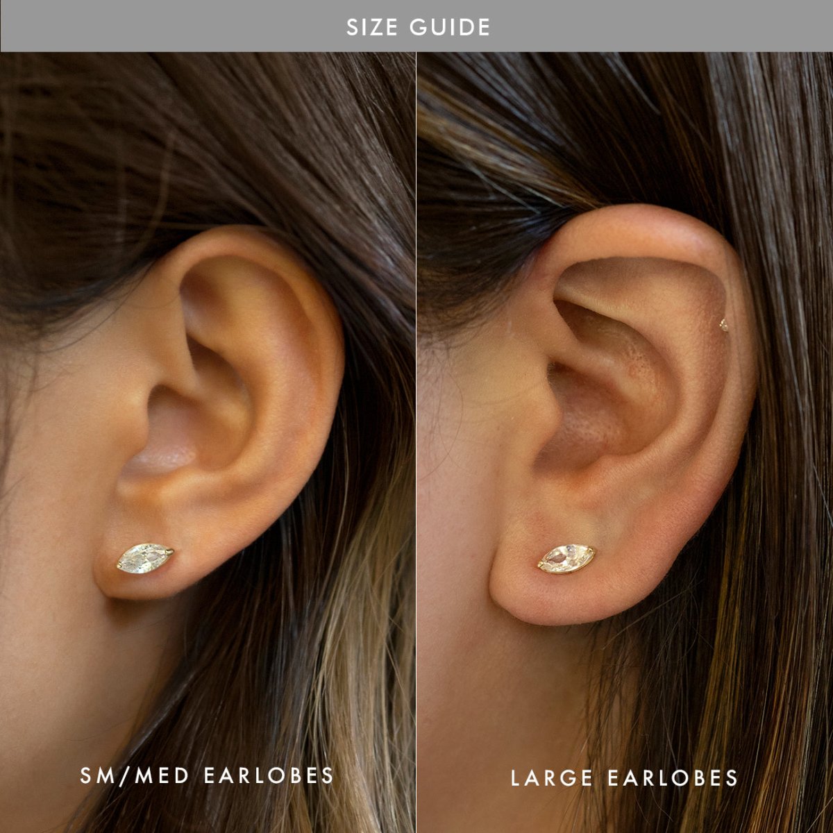 14K gold marquise white zirconia stud size guide on small to medium and large earlobes