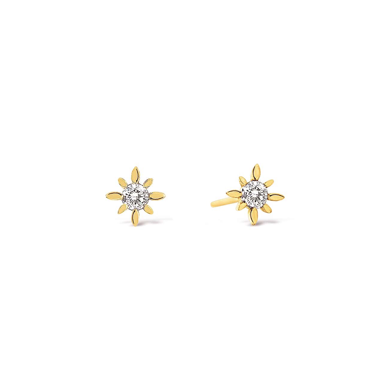 Pair of 14K gold starburst studs with white zirconia center stones, on a white background