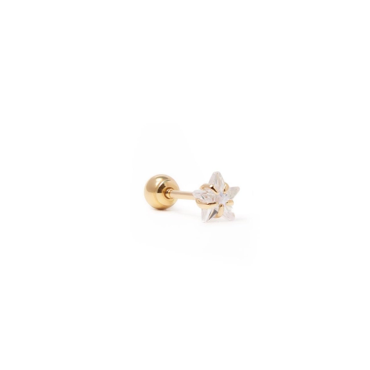 14K gold tiny star single stud with a clear star-shaped stone, on a white background