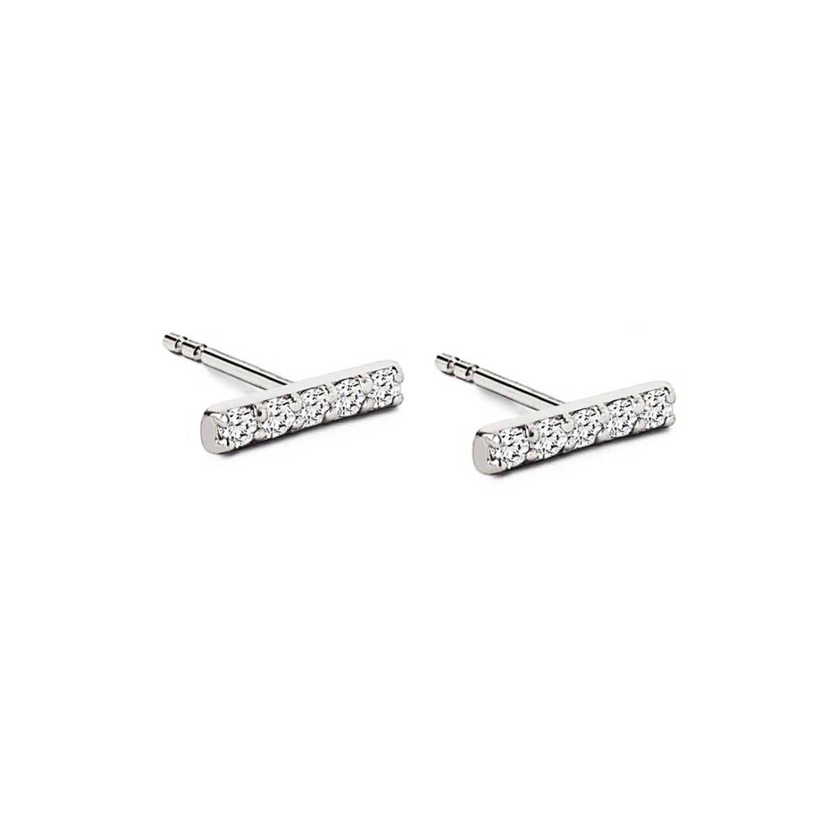 Sterling silver pave bar stud earrings with a row of clear stones, on a white background