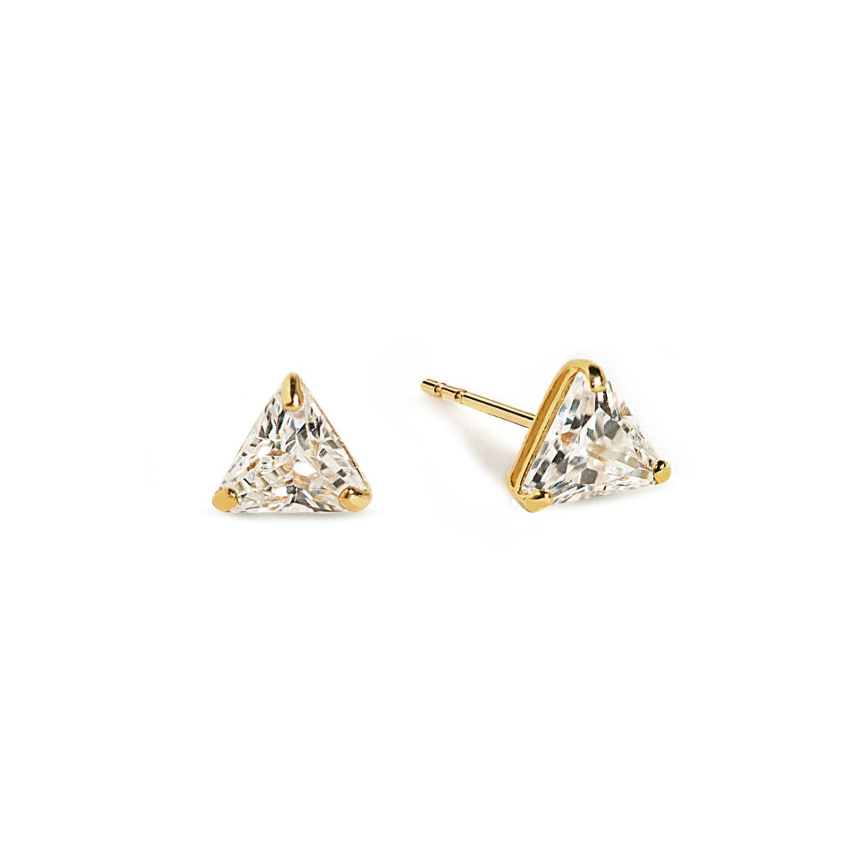 14K gold triangle stud earrings with white zirconia, front and side view on a white background
