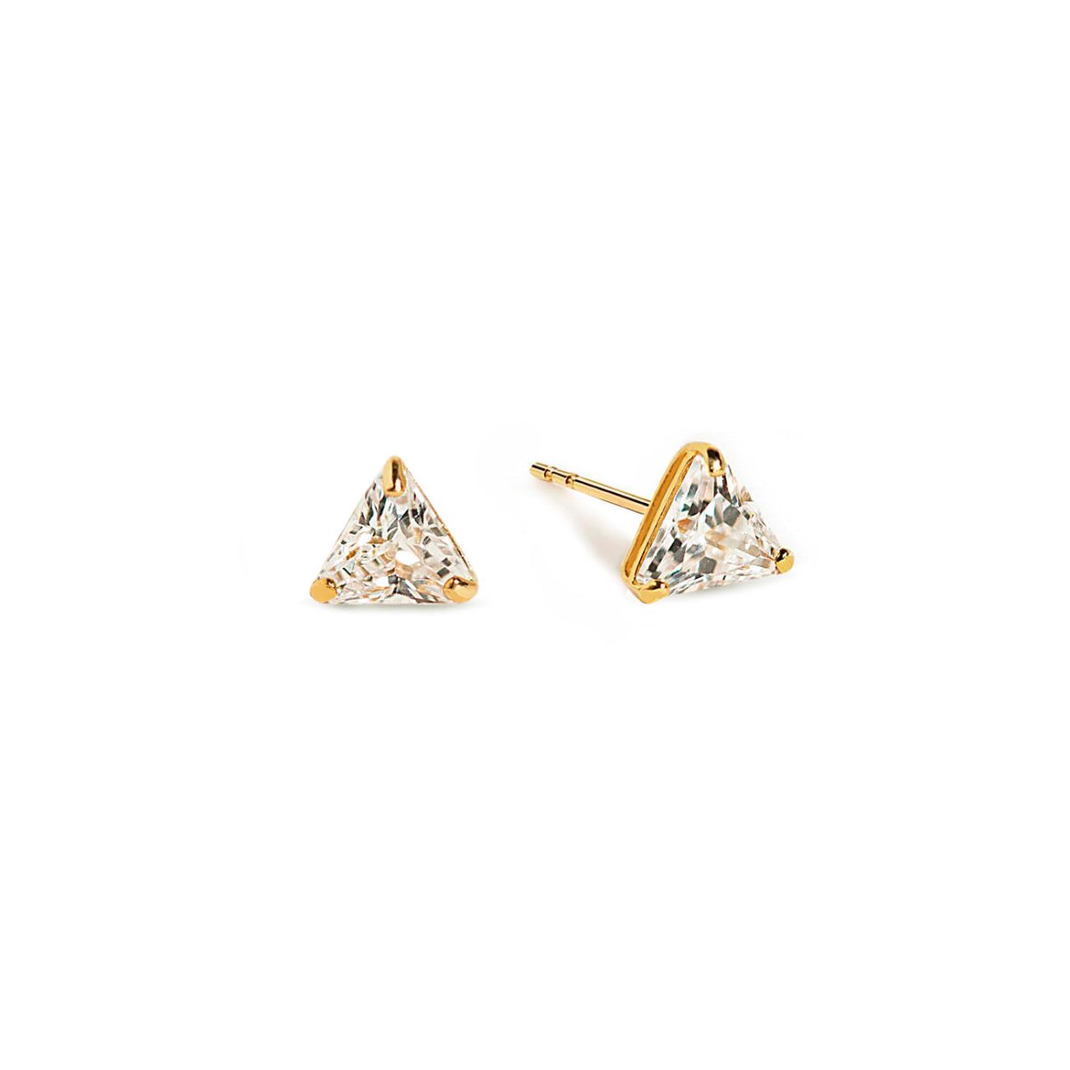 14K gold triangle studs with clear white zirconia, on a white background