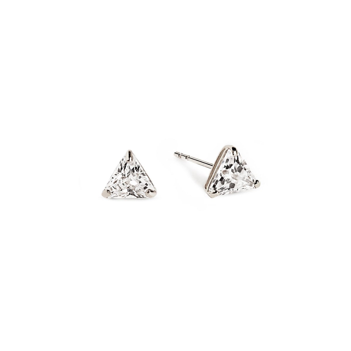 14K white gold triangle studs with clear white zirconia, on a white background