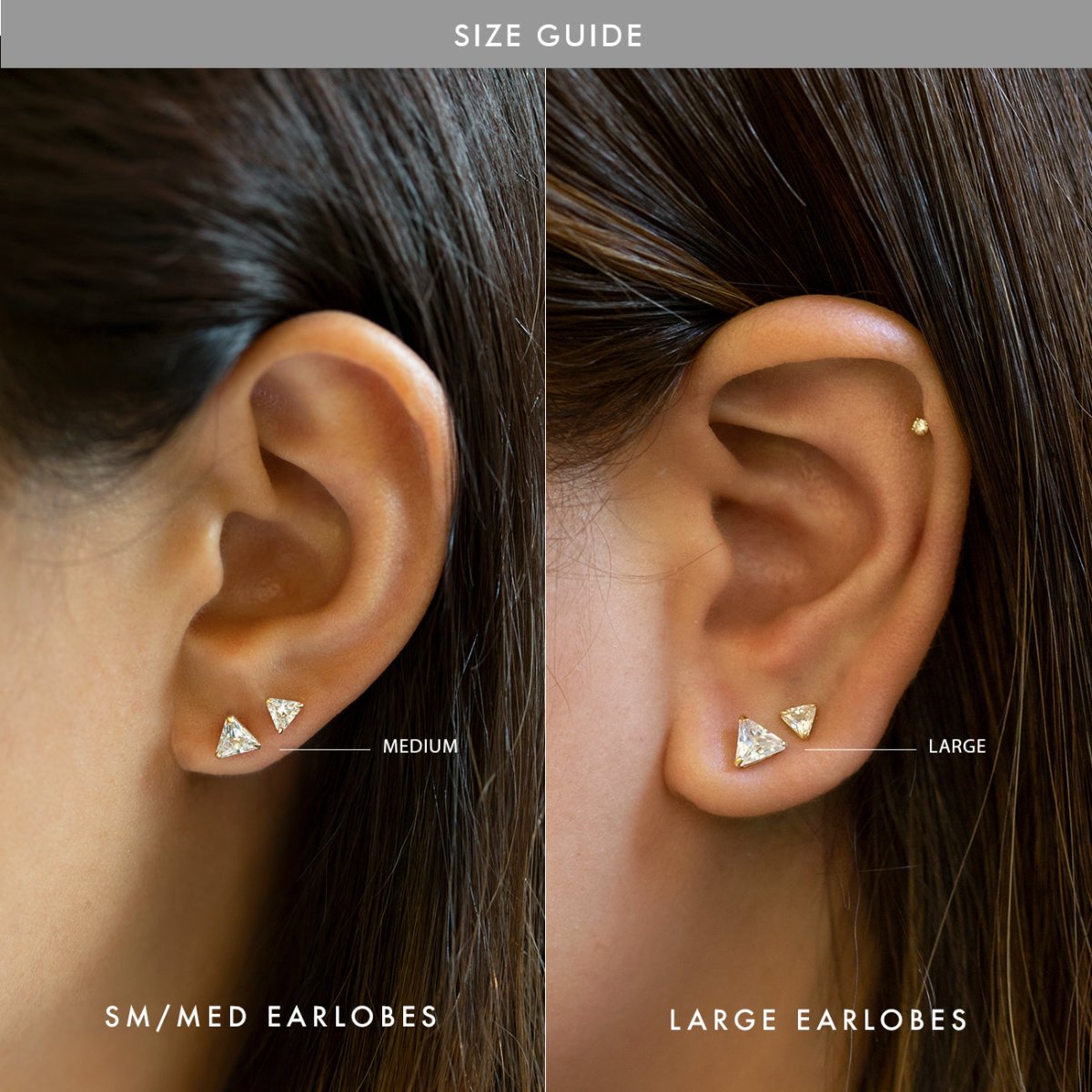 14K white gold triangle white zirconia studs size guide for small, medium and large earlobes
