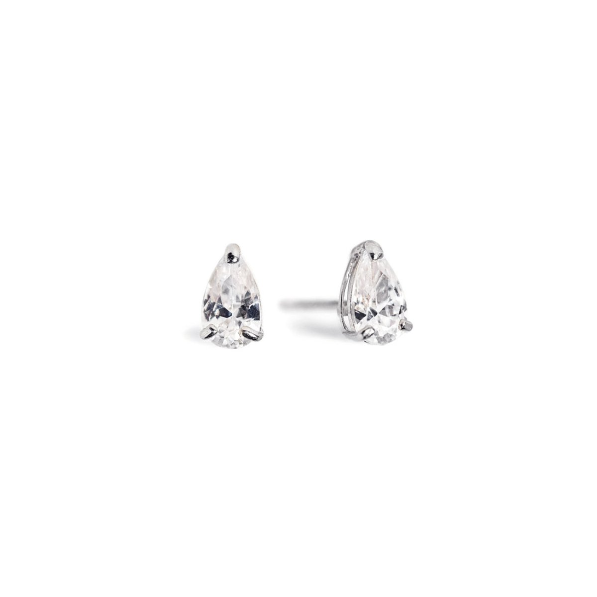 Pair of 14K white gold pear stud earrings with clear teardrop stones, on a white background