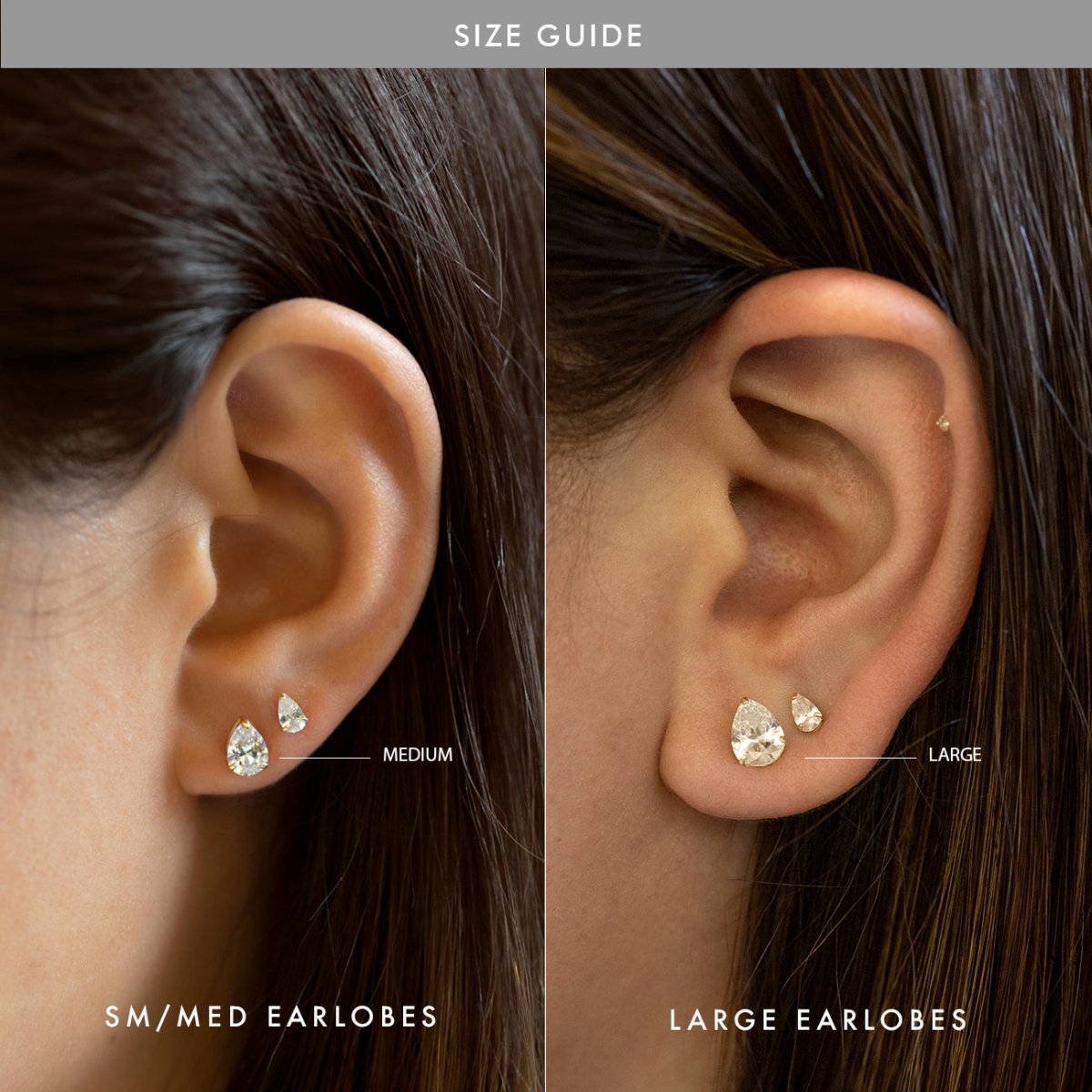 14K white gold pear-shaped clear-stone studs sized on small/medium and large earlobes, size guide