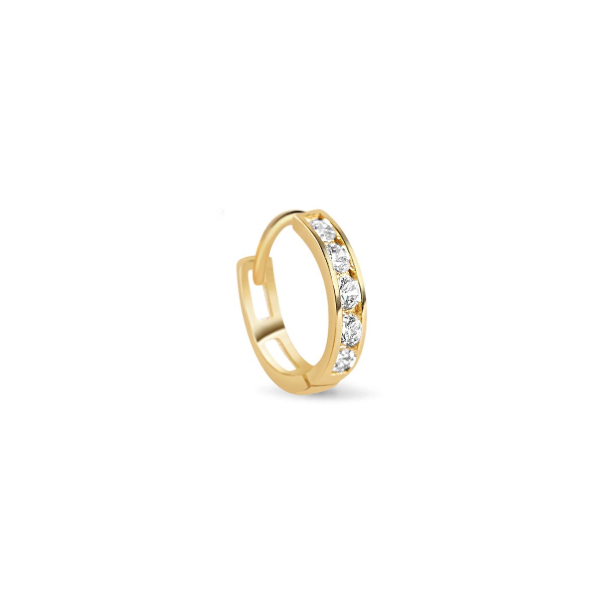 14K gold pave mini huggie hoop set with round clear white zirconia, on a white background