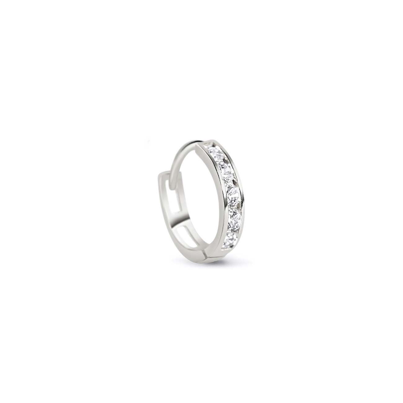 14K white gold pave mini huggie hoop set with round clear white zirconia, on a white background