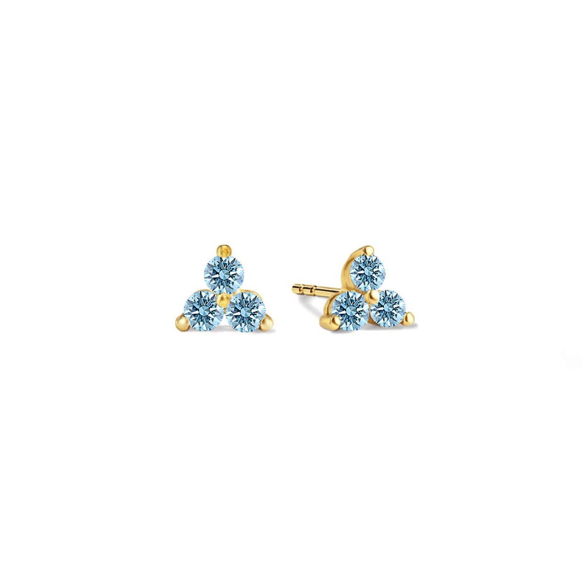 14K gold three-stone clover studs with round light-blue aquamarine stones, on a white background