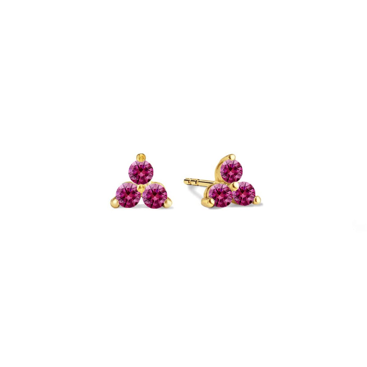 Gold vermeil three-stone clover studs with round ruby stones, on a white background
