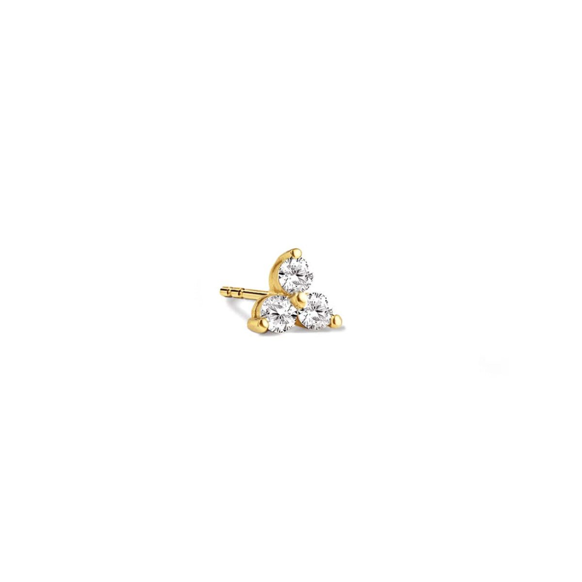 14K gold three-stone clover stud with clear stones, close-up detail on a white background