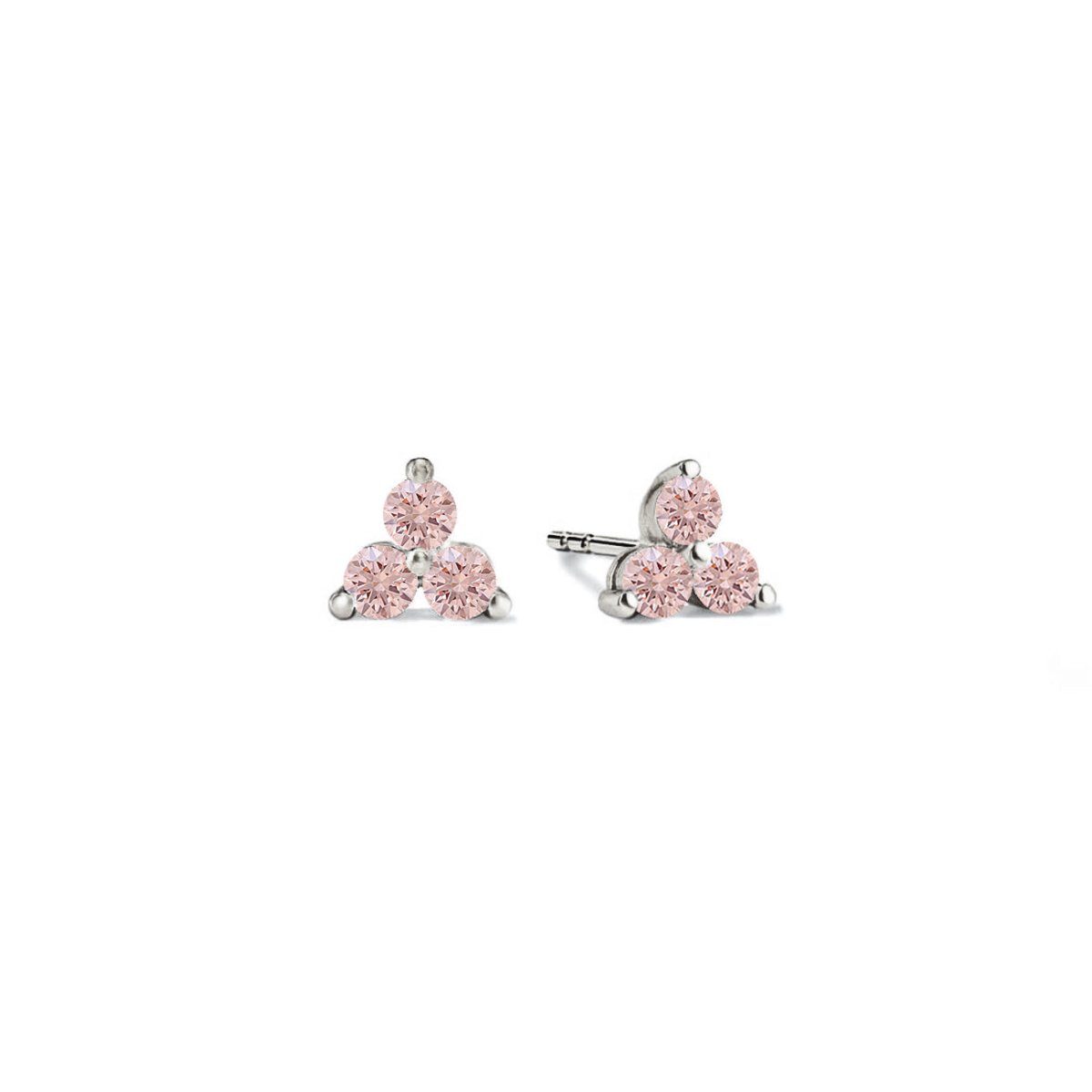 Sterling silver three-stone clover studs with round pink sapphire stones, on a white background